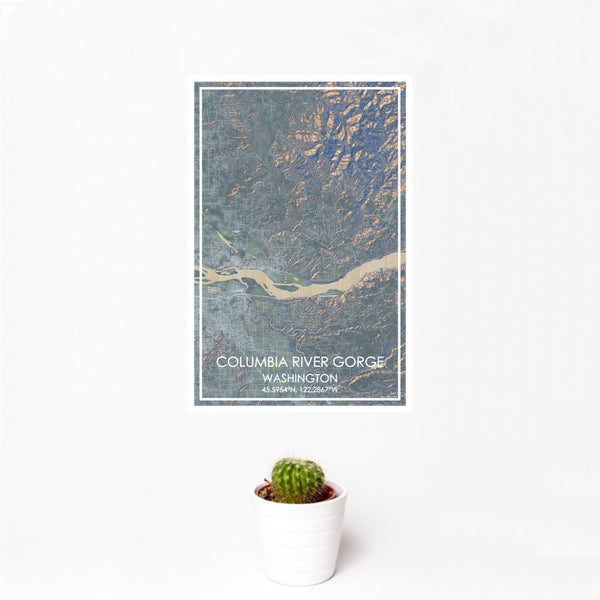 12x18 Columbia River Gorge Washington Map Print Portrait Orientation in Afternoon Style With Small Cactus Plant in White Planter