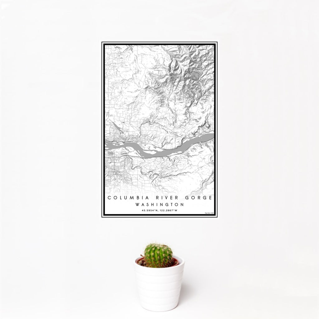 12x18 Columbia River Gorge Washington Map Print Portrait Orientation in Classic Style With Small Cactus Plant in White Planter