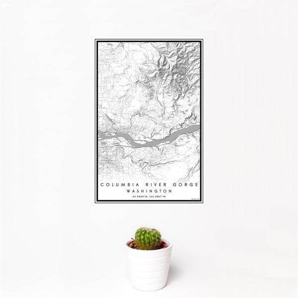 12x18 Columbia River Gorge Washington Map Print Portrait Orientation in Classic Style With Small Cactus Plant in White Planter