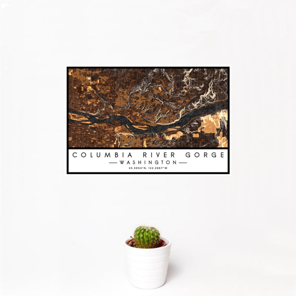 12x18 Columbia River Gorge Washington Map Print Landscape Orientation in Ember Style With Small Cactus Plant in White Planter