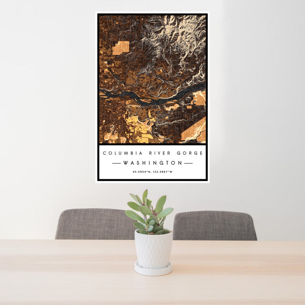 24x36 Columbia River Gorge Washington Map Print Portrait Orientation in Ember Style Behind 2 Chairs Table and Potted Plant
