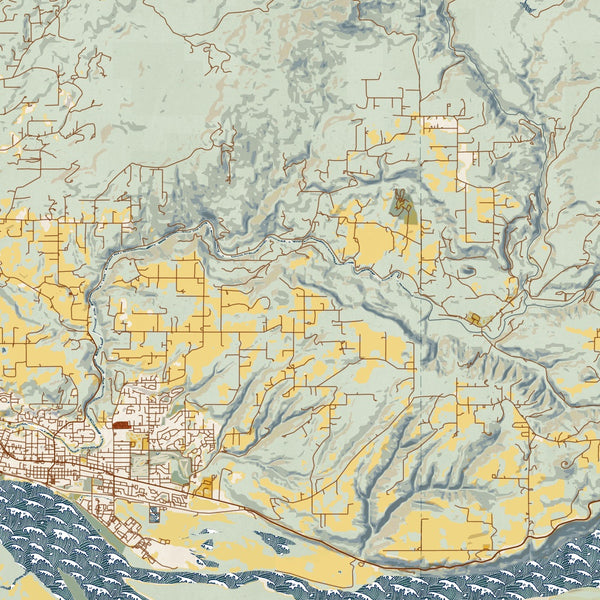 Columbia River Gorge Washington Map Print in Woodblock Style Zoomed In Close Up Showing Details