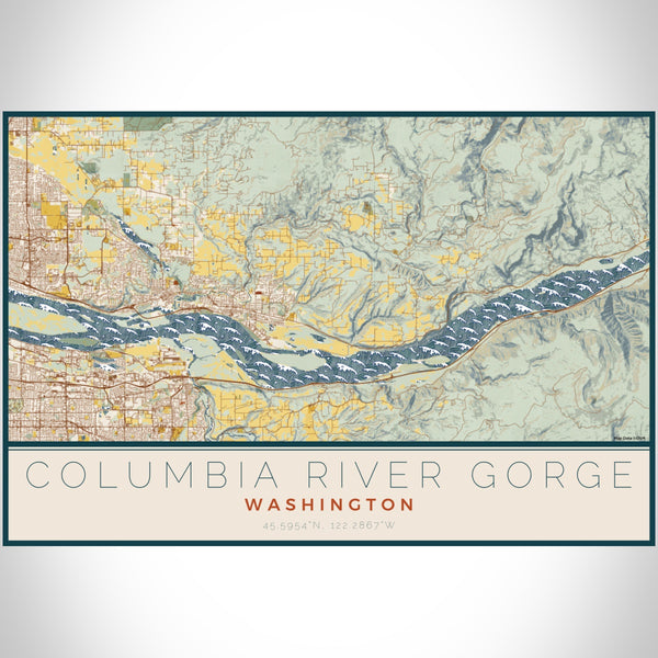Columbia River Gorge Washington Map Print Landscape Orientation in Woodblock Style With Shaded Background