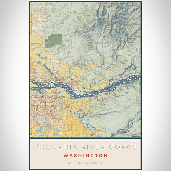 Columbia River Gorge Washington Map Print Portrait Orientation in Woodblock Style With Shaded Background