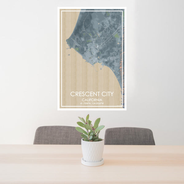 24x36 Crescent City California Map Print Portrait Orientation in Afternoon Style Behind 2 Chairs Table and Potted Plant