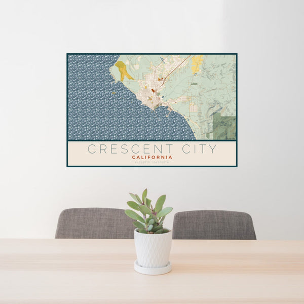 24x36 Crescent City California Map Print Lanscape Orientation in Woodblock Style Behind 2 Chairs Table and Potted Plant