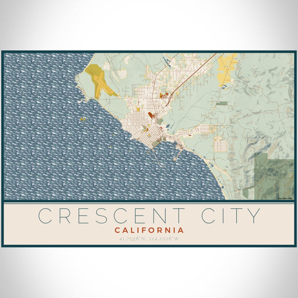 Crescent City California Map Print Landscape Orientation in Woodblock Style With Shaded Background