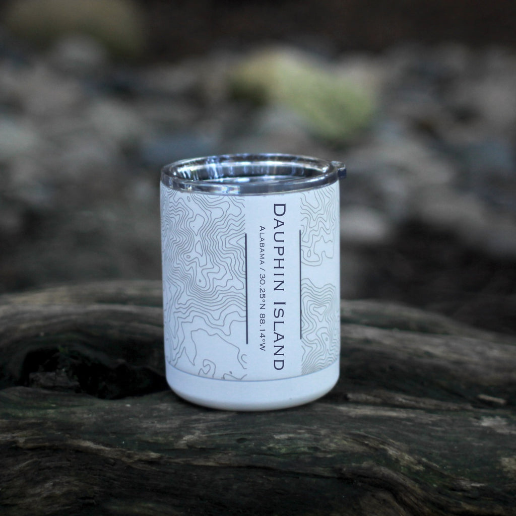 Dauphin Island Alabama Custom Engraved City Map Inscription Coordinates on 10oz Stainless Steel Insulated Cup with Sliding Lid in White