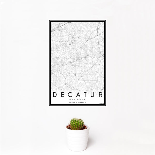 12x18 Decatur Georgia Map Print Portrait Orientation in Classic Style With Small Cactus Plant in White Planter