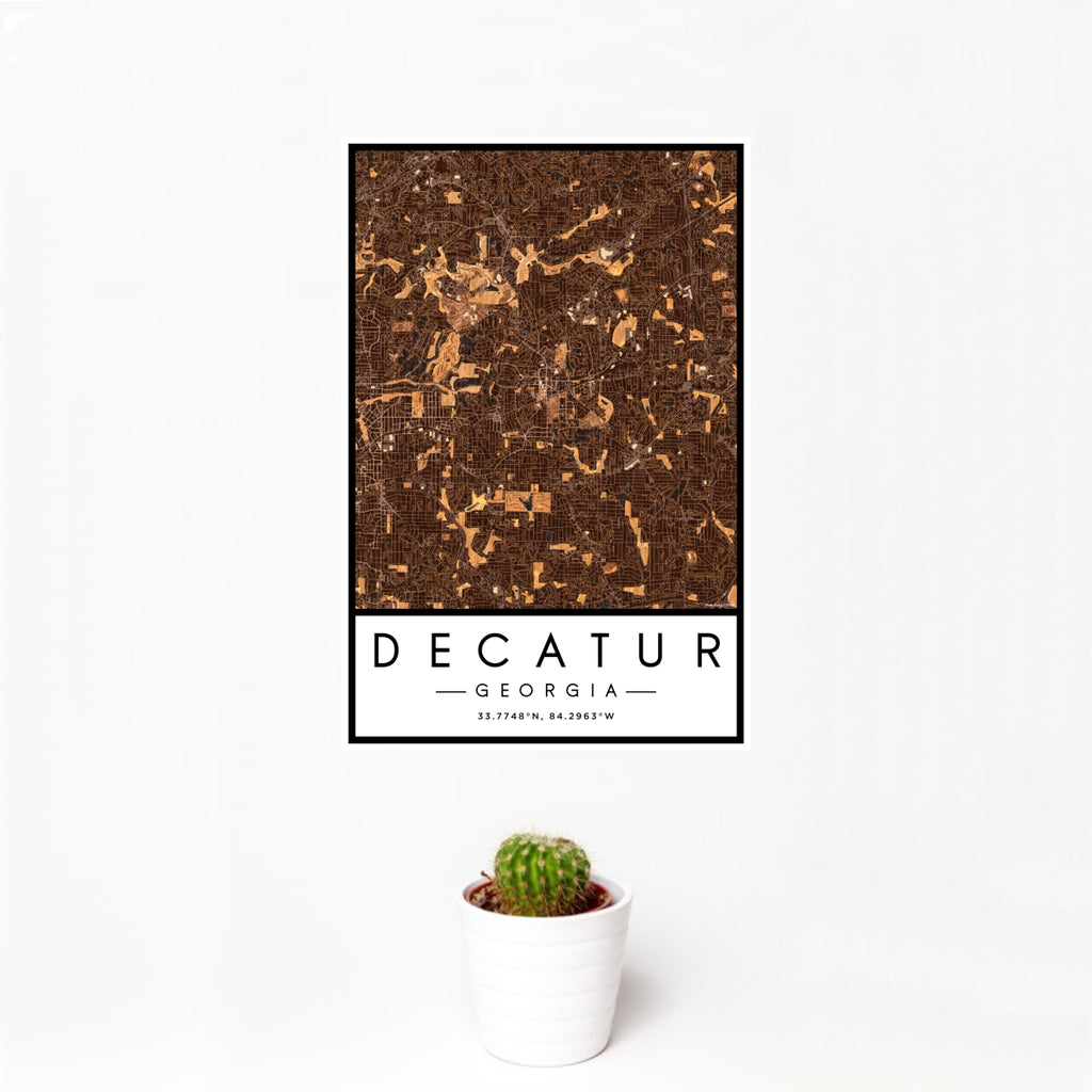 12x18 Decatur Georgia Map Print Portrait Orientation in Ember Style With Small Cactus Plant in White Planter