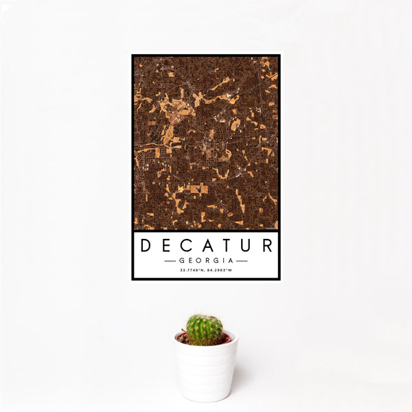 12x18 Decatur Georgia Map Print Portrait Orientation in Ember Style With Small Cactus Plant in White Planter
