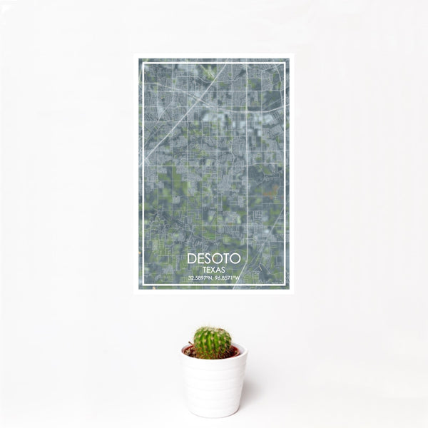 12x18 DeSoto Texas Map Print Portrait Orientation in Afternoon Style With Small Cactus Plant in White Planter