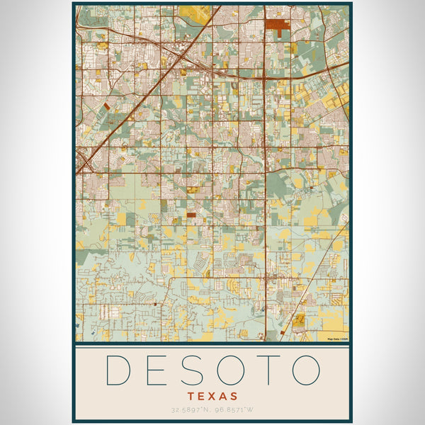 DeSoto Texas Map Print Portrait Orientation in Woodblock Style With Shaded Background