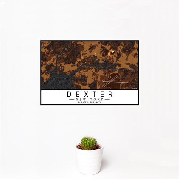 12x18 Dexter New York Map Print Landscape Orientation in Ember Style With Small Cactus Plant in White Planter