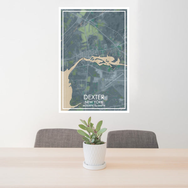 24x36 Dexter New York Map Print Portrait Orientation in Afternoon Style Behind 2 Chairs Table and Potted Plant