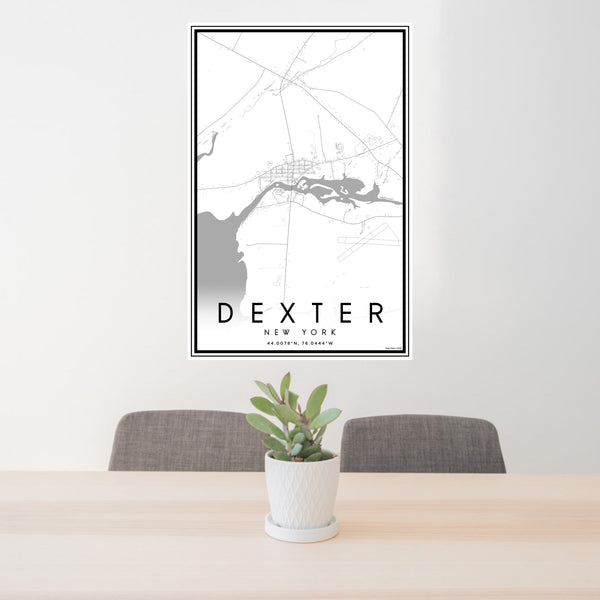 24x36 Dexter New York Map Print Portrait Orientation in Classic Style Behind 2 Chairs Table and Potted Plant