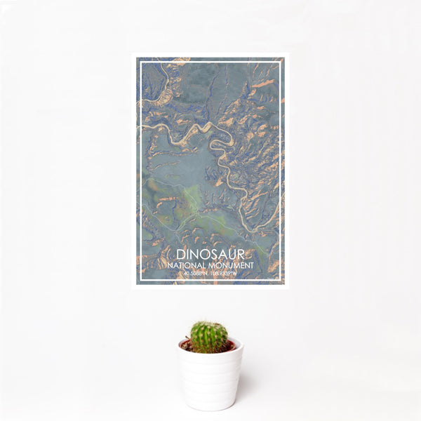 12x18 Dinosaur National Monument Map Print Portrait Orientation in Afternoon Style With Small Cactus Plant in White Planter