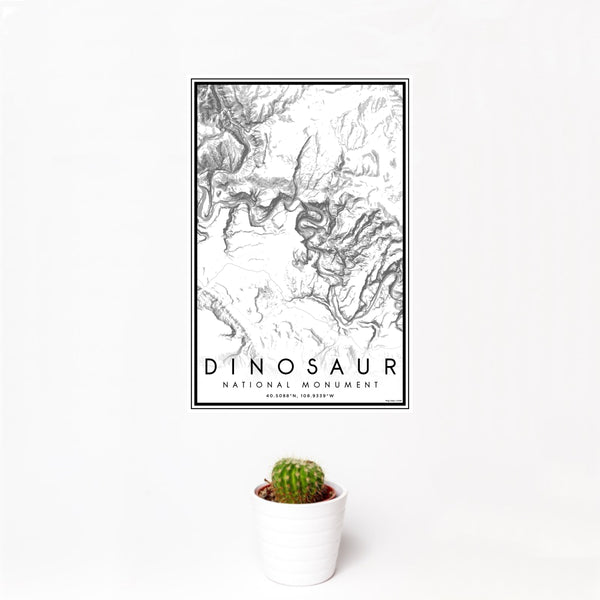 12x18 Dinosaur National Monument Map Print Portrait Orientation in Classic Style With Small Cactus Plant in White Planter