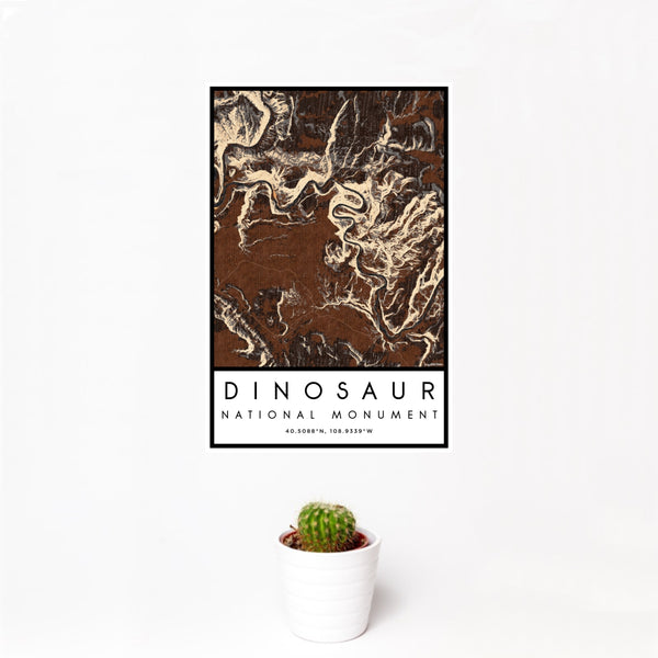 12x18 Dinosaur National Monument Map Print Portrait Orientation in Ember Style With Small Cactus Plant in White Planter