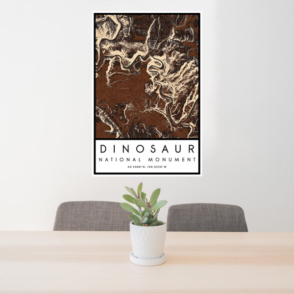 24x36 Dinosaur National Monument Map Print Portrait Orientation in Ember Style Behind 2 Chairs Table and Potted Plant