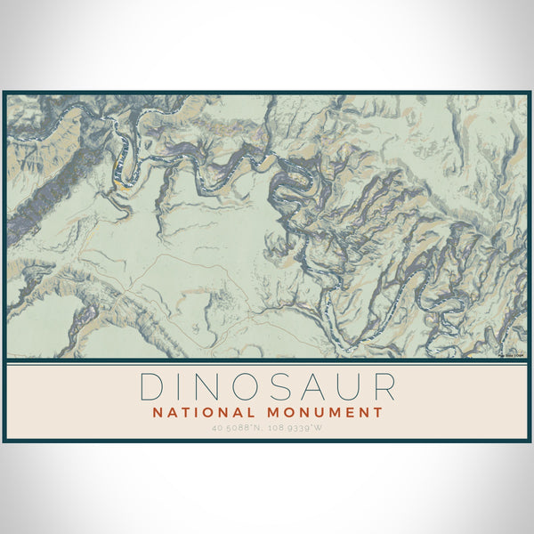 Dinosaur National Monument Map Print Landscape Orientation in Woodblock Style With Shaded Background