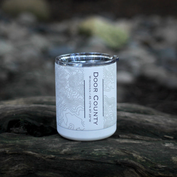 Door County Wisconsin Custom Engraved City Map Inscription Coordinates on 10oz Stainless Steel Insulated Cup with Sliding Lid in White