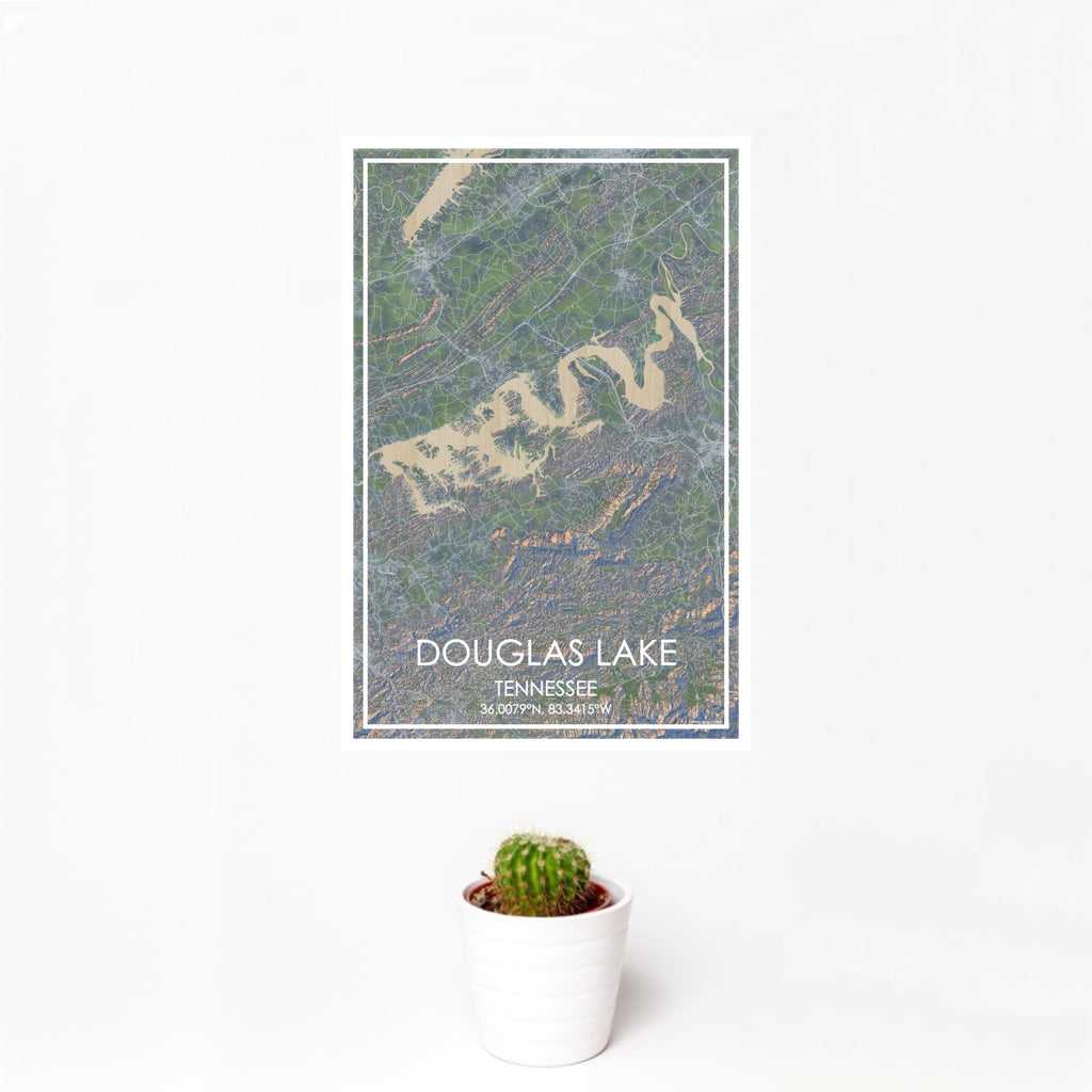 12x18 Douglas Lake Tennessee Map Print Portrait Orientation in Afternoon Style With Small Cactus Plant in White Planter