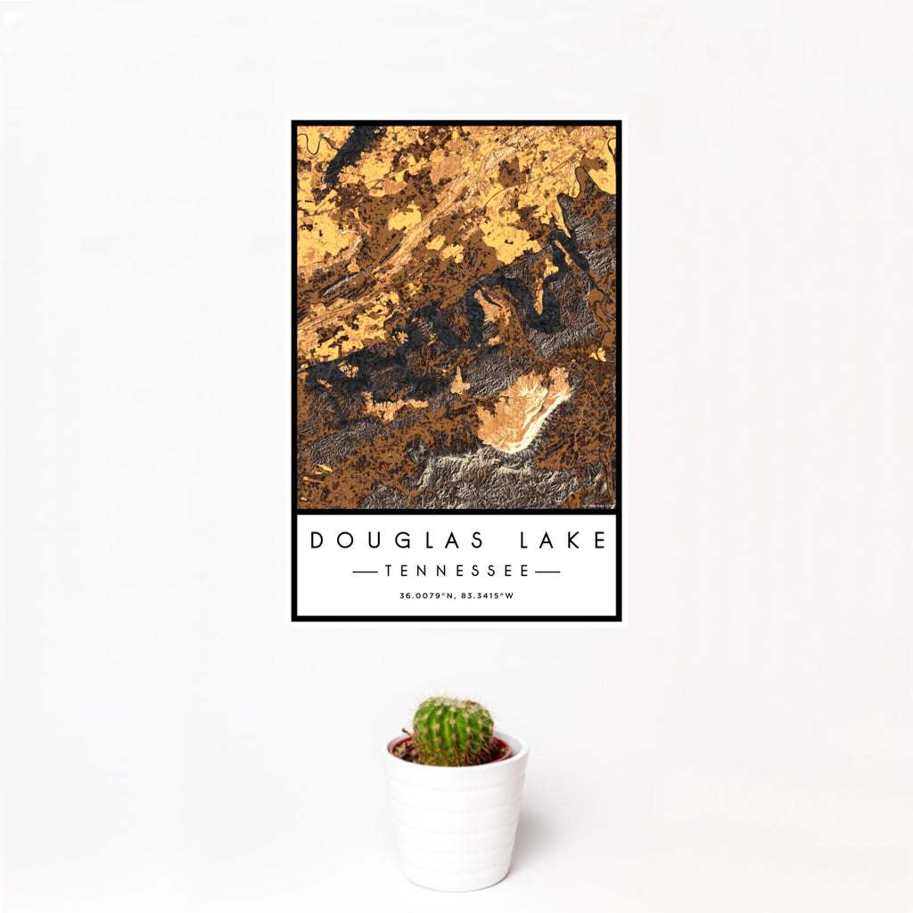 12x18 Douglas Lake Tennessee Map Print Portrait Orientation in Ember Style With Small Cactus Plant in White Planter