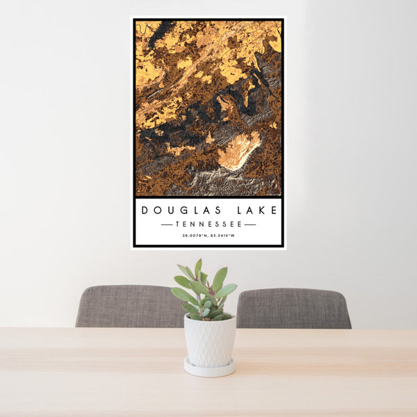 24x36 Douglas Lake Tennessee Map Print Portrait Orientation in Ember Style Behind 2 Chairs Table and Potted Plant