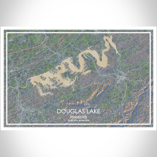 Douglas Lake Tennessee Map Print Landscape Orientation in Afternoon Style With Shaded Background