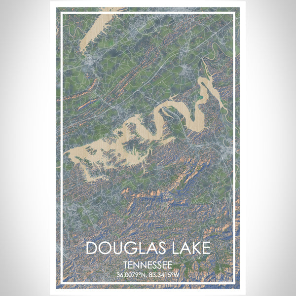 Douglas Lake Tennessee Map Print Portrait Orientation in Afternoon Style With Shaded Background