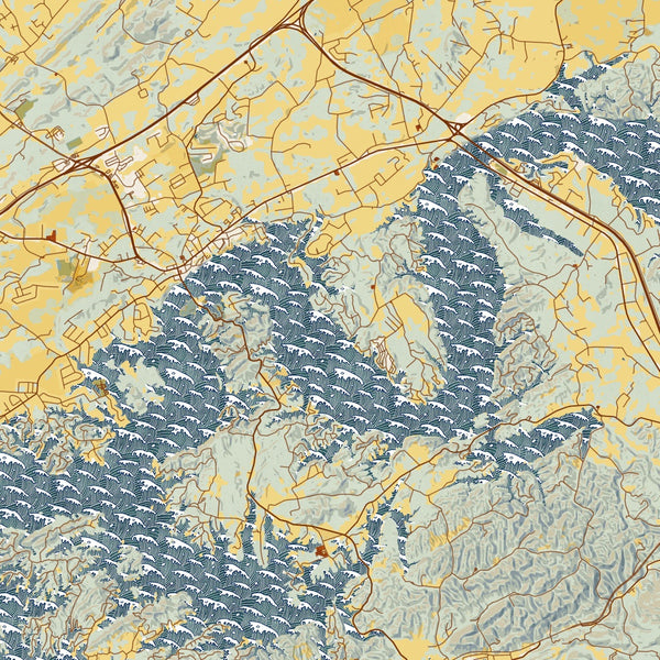 Douglas Lake Tennessee Map Print in Woodblock Style Zoomed In Close Up Showing Details