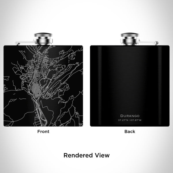 Rendered View of Durango Colorado Map Engraving on 6oz Stainless Steel Flask in Black