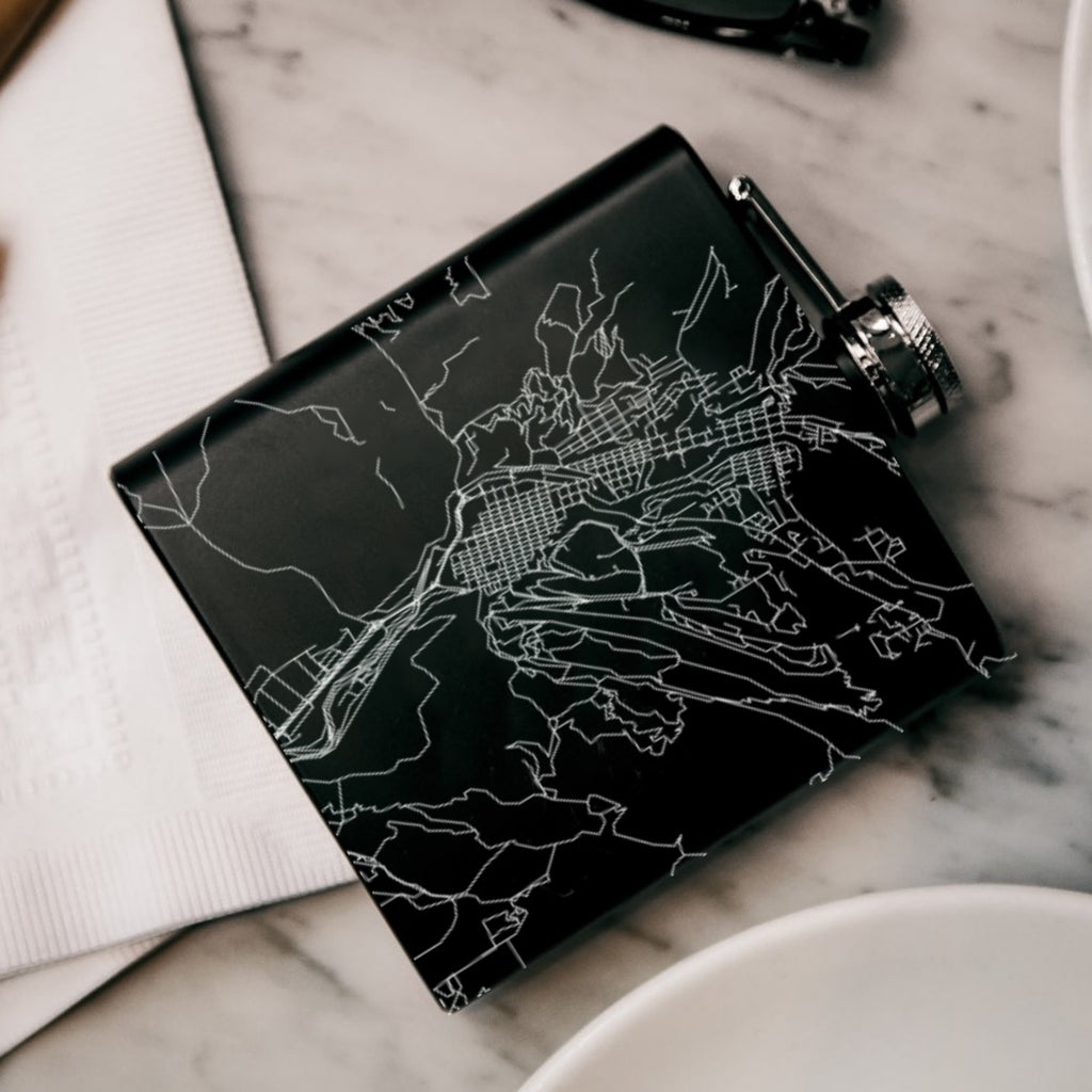 Durango Colorado Custom Engraved City Map Inscription Coordinates on 6oz Stainless Steel Flask in Black