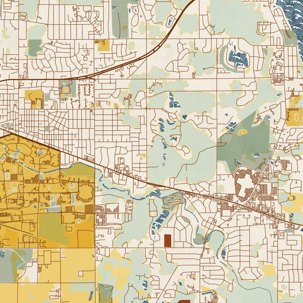 East Lansing - Michigan Map Print in Woodblock