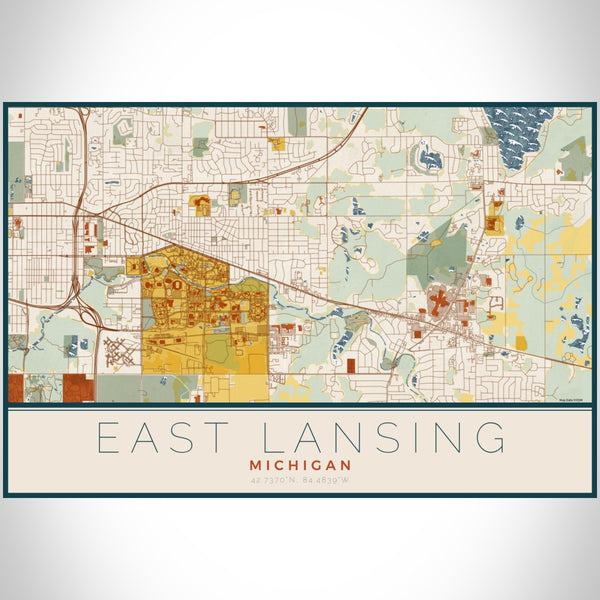 East Lansing - Michigan Map Print in Woodblock