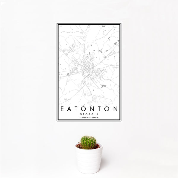 12x18 Eatonton Georgia Map Print Portrait Orientation in Classic Style With Small Cactus Plant in White Planter