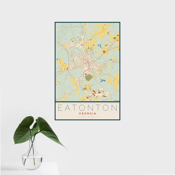16x24 Eatonton Georgia Map Print Portrait Orientation in Woodblock Style With Tropical Plant Leaves in Water