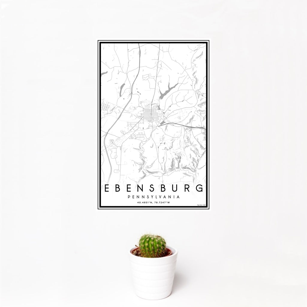 12x18 Ebensburg Pennsylvania Map Print Portrait Orientation in Classic Style With Small Cactus Plant in White Planter