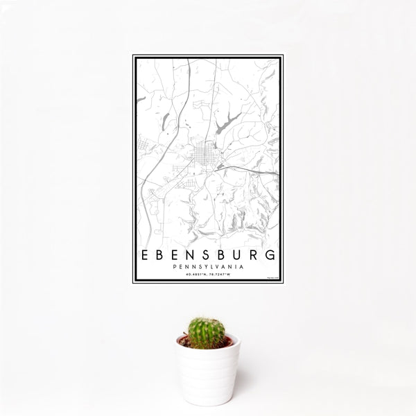 12x18 Ebensburg Pennsylvania Map Print Portrait Orientation in Classic Style With Small Cactus Plant in White Planter