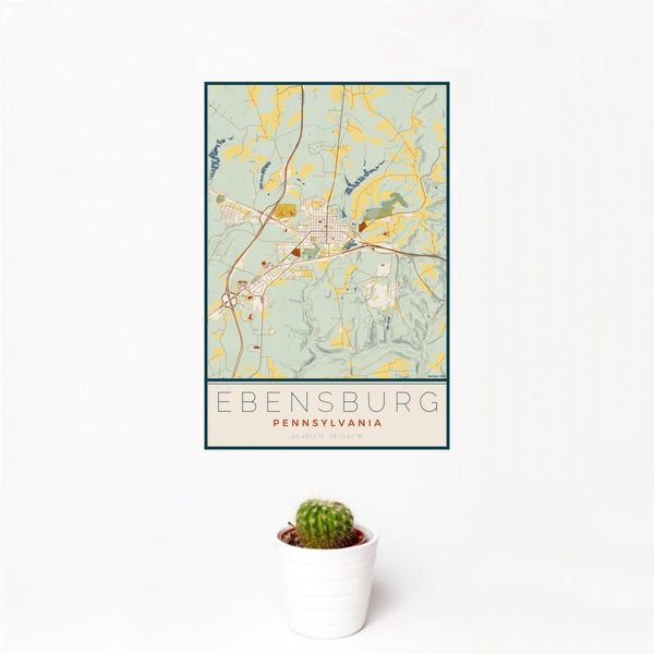 12x18 Ebensburg Pennsylvania Map Print Portrait Orientation in Woodblock Style With Small Cactus Plant in White Planter