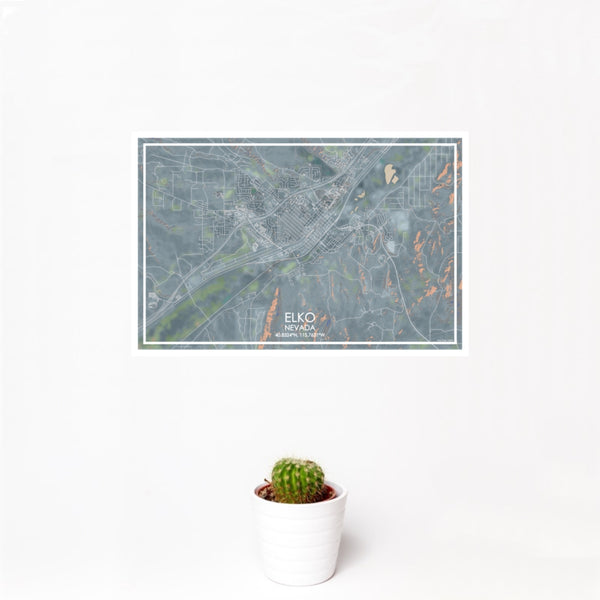 12x18 Elko Nevada Map Print Landscape Orientation in Afternoon Style With Small Cactus Plant in White Planter