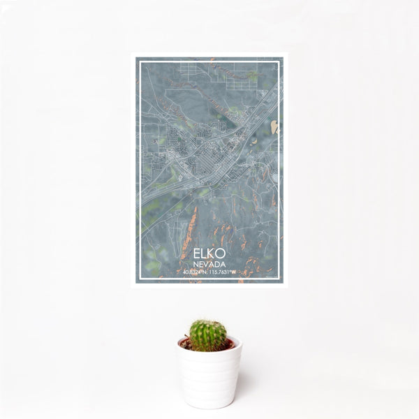 12x18 Elko Nevada Map Print Portrait Orientation in Afternoon Style With Small Cactus Plant in White Planter