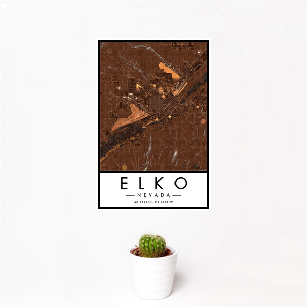 12x18 Elko Nevada Map Print Portrait Orientation in Ember Style With Small Cactus Plant in White Planter