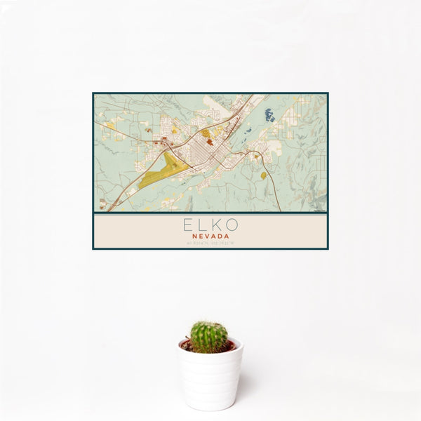 12x18 Elko Nevada Map Print Landscape Orientation in Woodblock Style With Small Cactus Plant in White Planter