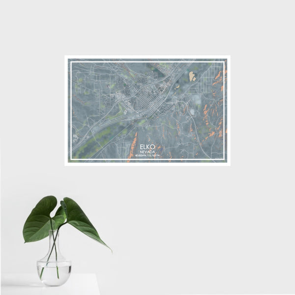 16x24 Elko Nevada Map Print Landscape Orientation in Afternoon Style With Tropical Plant Leaves in Water