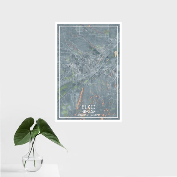 16x24 Elko Nevada Map Print Portrait Orientation in Afternoon Style With Tropical Plant Leaves in Water