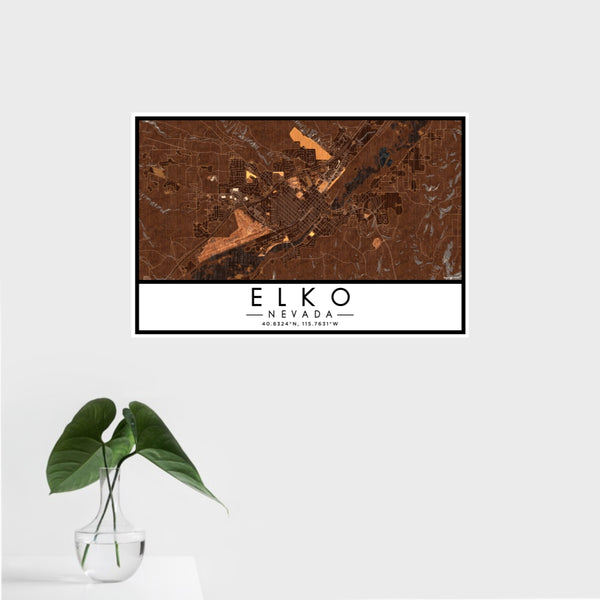 16x24 Elko Nevada Map Print Landscape Orientation in Ember Style With Tropical Plant Leaves in Water