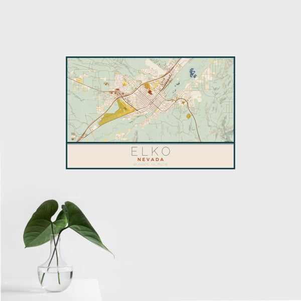 16x24 Elko Nevada Map Print Landscape Orientation in Woodblock Style With Tropical Plant Leaves in Water