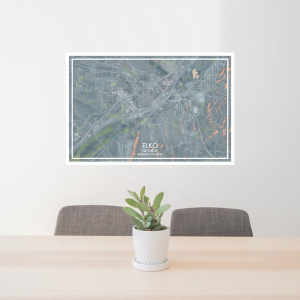 24x36 Elko Nevada Map Print Lanscape Orientation in Afternoon Style Behind 2 Chairs Table and Potted Plant